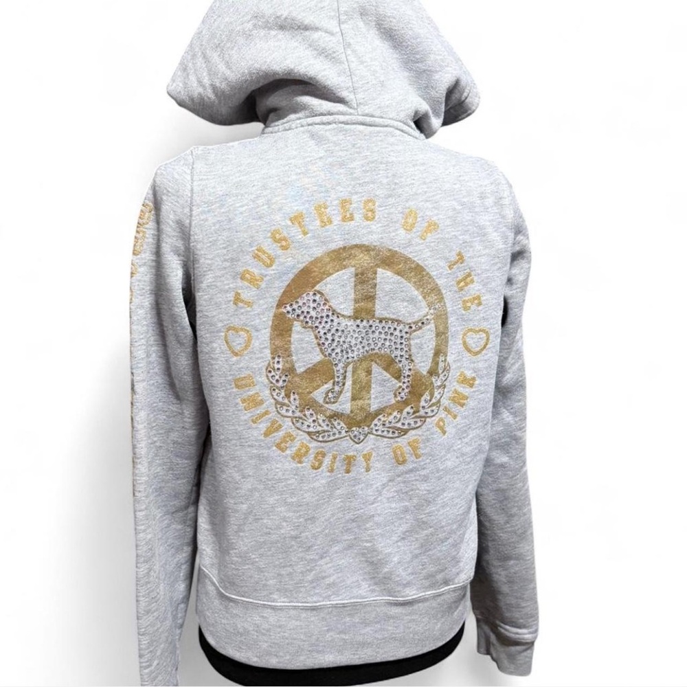 Y2K VS PINK Gray Full Zip Hoodie Gold Rhinestone Dog Graphic Flawed Zip